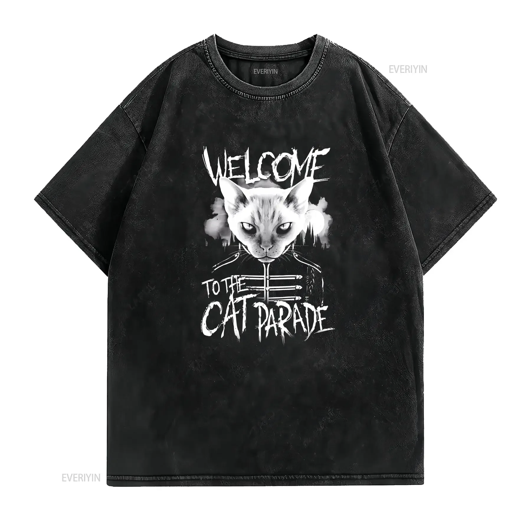 Playlist Pets Welcome To The Cat Parade Men's Black T Shirt vintage Washed streetwear Top For Everyday Wear Casual Stretched