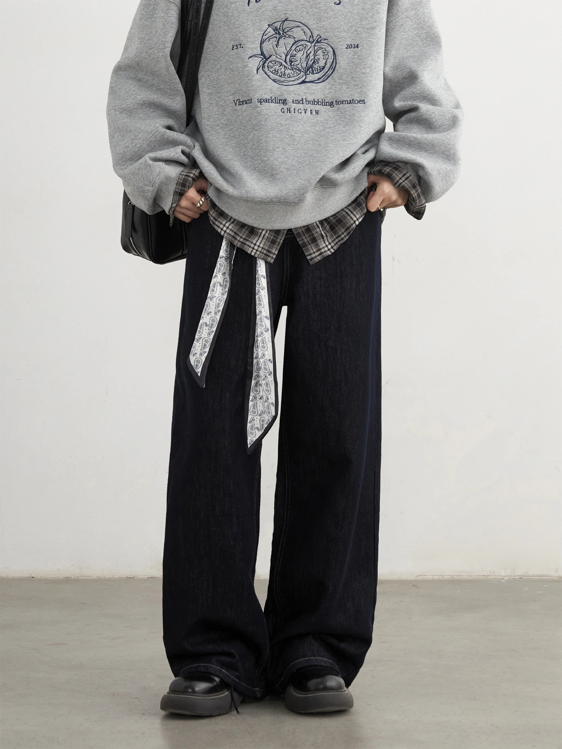 

Ретро джинсы прямого кроя из оригинального денима для женщин, с высокой талией, хлопковые брюки с шарфом, осенне-зимняя модная коллекция Chicven