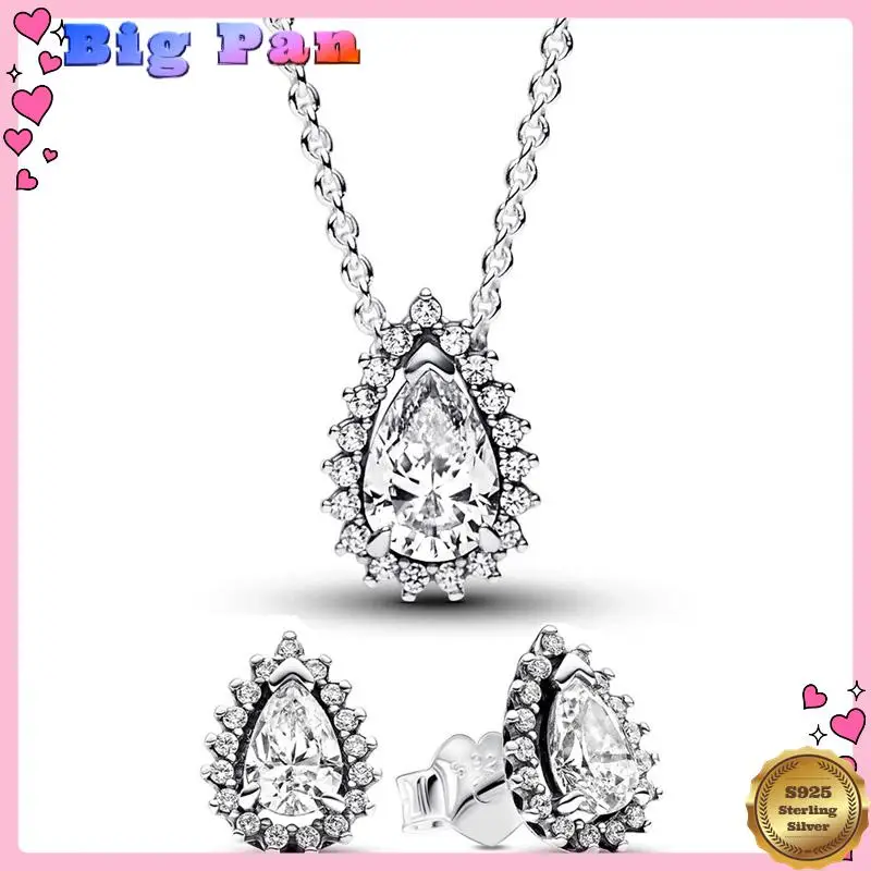 

Authentic 925 Sterling Silver Sparkling Pear Halo Earring Necklace With Crystal For Women Jewelry Set Gift 2025