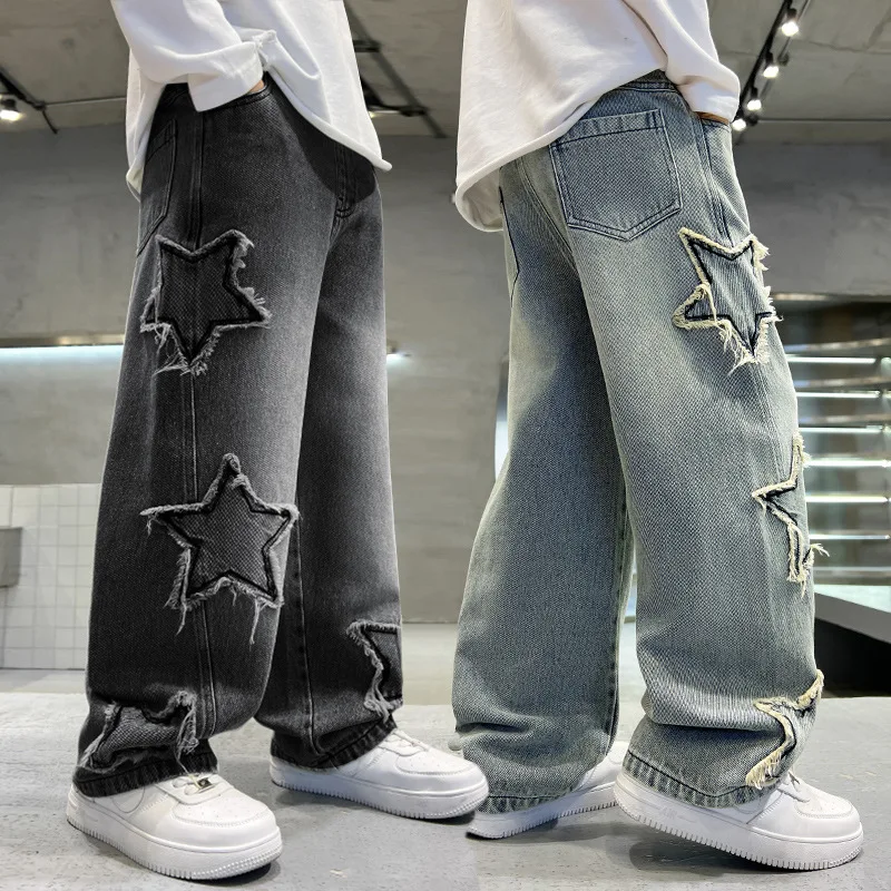 New Fashion Teenager Boys Denim Wide Leg Pants Child Trousers Spring Autumn Star Splicing Raw Edge Jeans 5-14 Yrs Kids Trousers