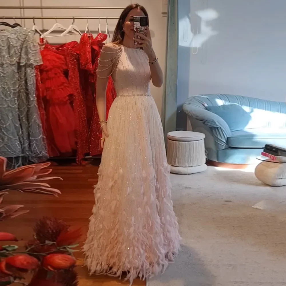 

Sharon Said Luxury Feathers Cream Arabic Beading Lace Evening Dress for Women Dubai Wedding Bridal Party Gowns SS595 Customized