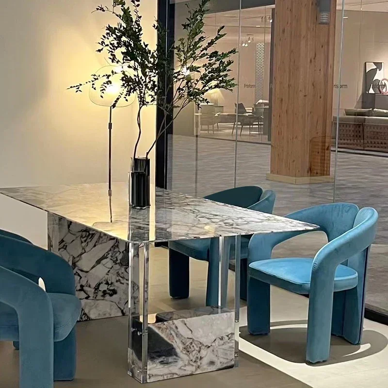 

Cream Wind Rectangle Italian Minimalist Luxury Stone Dining Table Ocean Storm Suspension Natural Marble Acrylic Dining Table