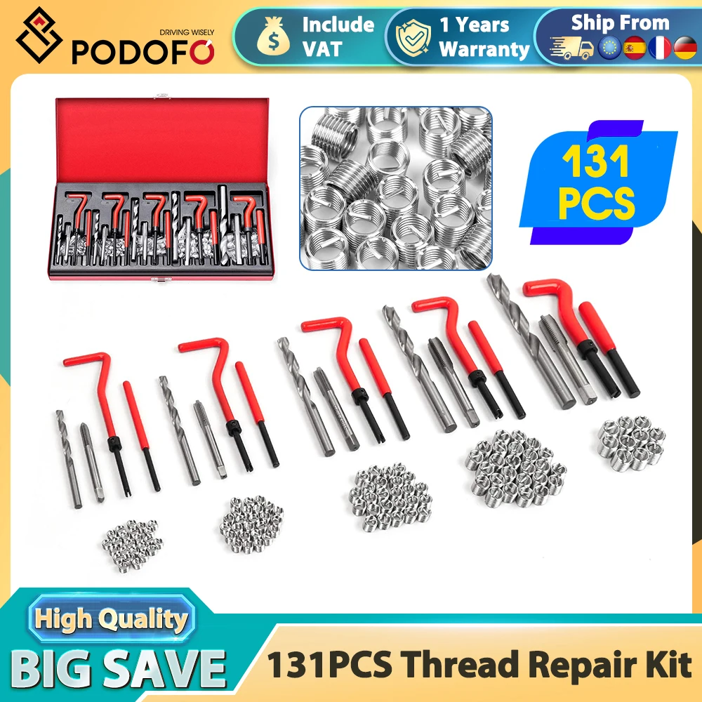 Kit de réparation de filetages métriques Podofo 131 pièces M5 M6 M8 M10 M12 pour usage domestique, réparation de moteurs automobiles, restauration de blocs et outils de réparation de pièces endommagées