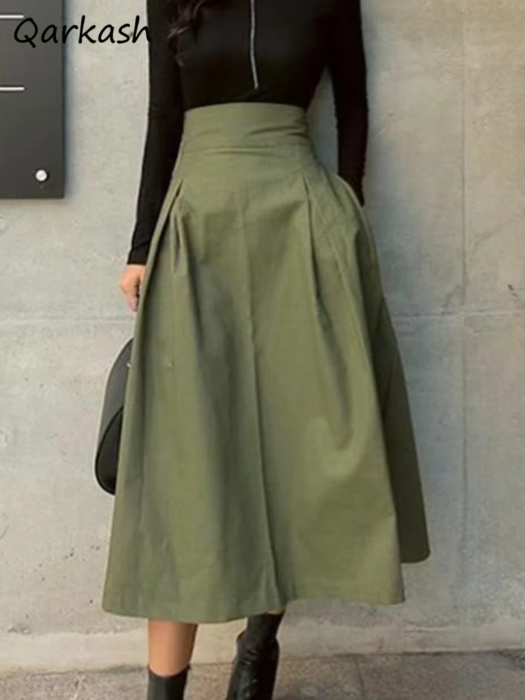 

Solid Skirts Women High Waist Elegant A-line Spring Korean Style All-match Design Vintage Simple Leisure Daily Female Юбки New