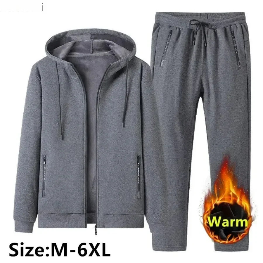 New  Autumn Winter Men Sets Men's Fashion Plus Fleece Thickened Warm Pure Cotton Hooded Sportwear Suit Man Casual Tracksuits