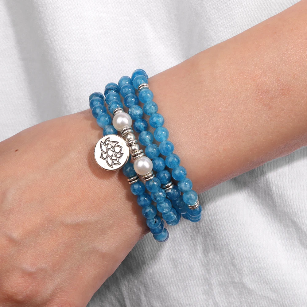 Natural Angelite 108 Beads Long Bracelet Buddha Healing Jades Stone Lotus Charm Bracelet Chalcedony Bangles Jewelry Men Bracelet