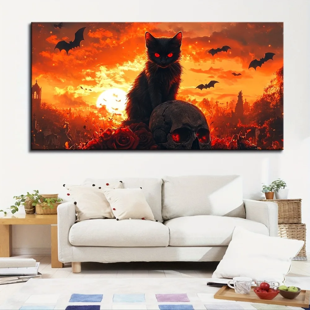 إطار من الخشب الصلب من الصنوبر السميك مقاس 1.5 بوصة، جدارية من قماش الهالوين العتيق، هيكل عظمي رعب للهالوين يقف على هيكل عظمي