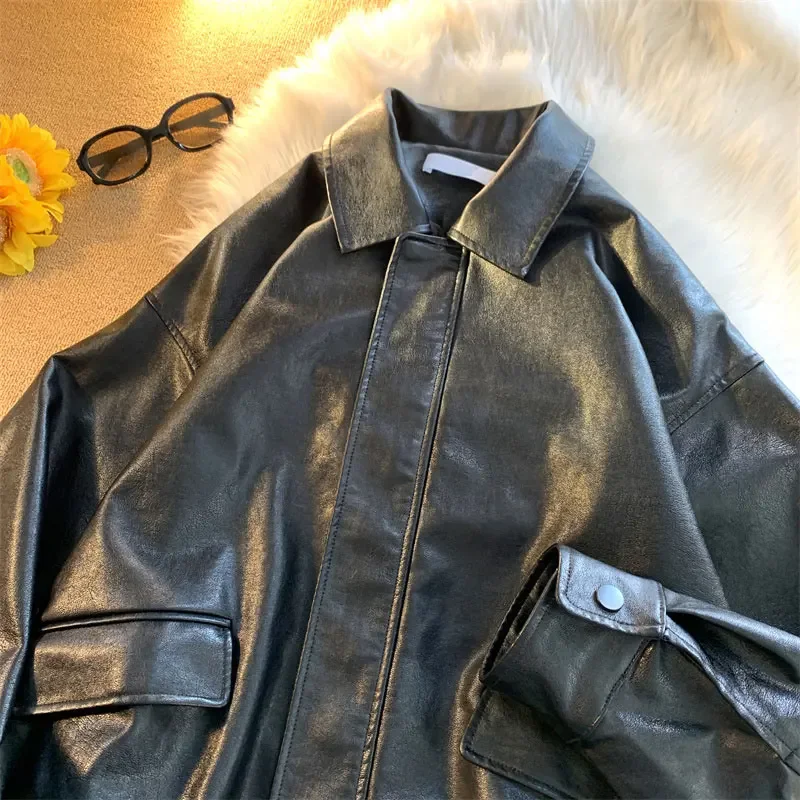

2025 American Retro Motorcycle PU Leather Jacket Men's Spring Autumn Ket Design Casual Open Cardigan Street Style Leather Coat