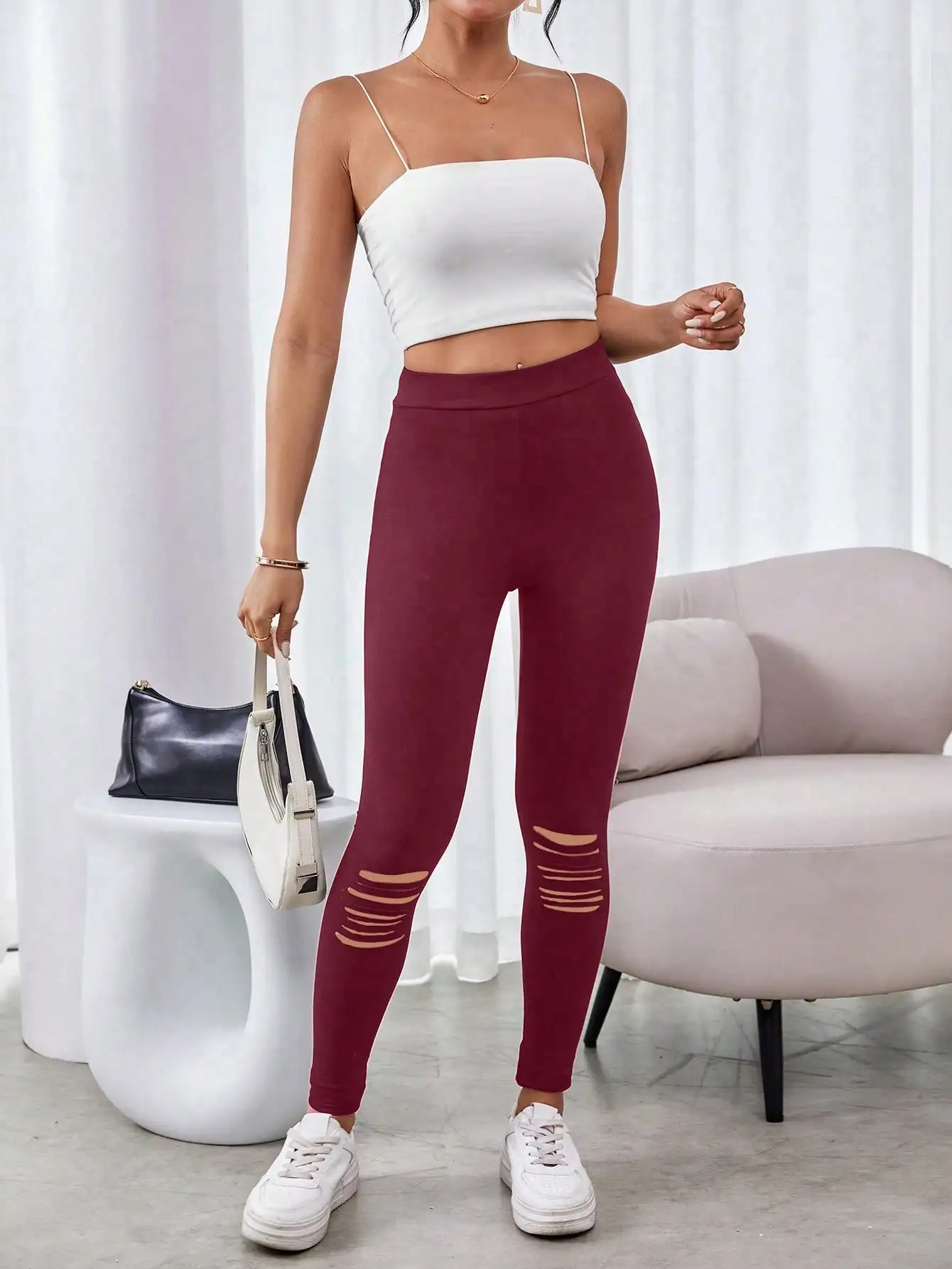 Schöne modische, lässige, gestrickte Damen-Leggings für Frühling und Sommer mit hohlem Loch