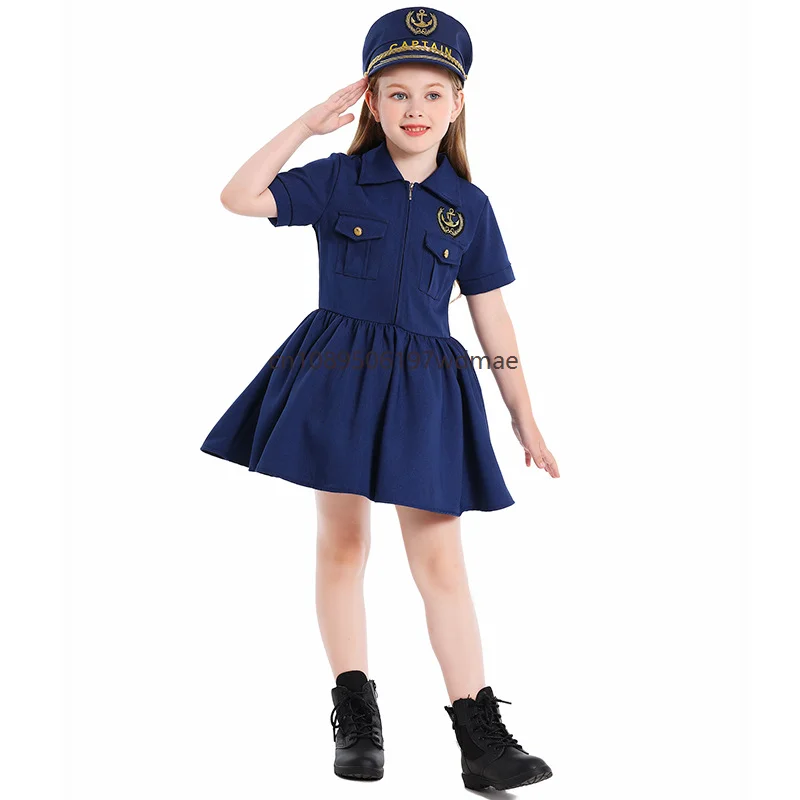

A Cosplay Enfant Navy Blue Captain Dress Career Experience Officer Dress Up World Book Day Stage Performance Outfits for Mädchen
