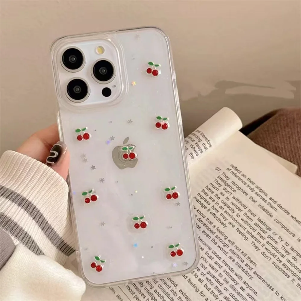 

Cute Epoxy Cherry Glitter Clear Phone Case For iPhone 16 15 14 13 12 11 Pro Max Plus Luxury Sequins Bling Back Cover Women Girl