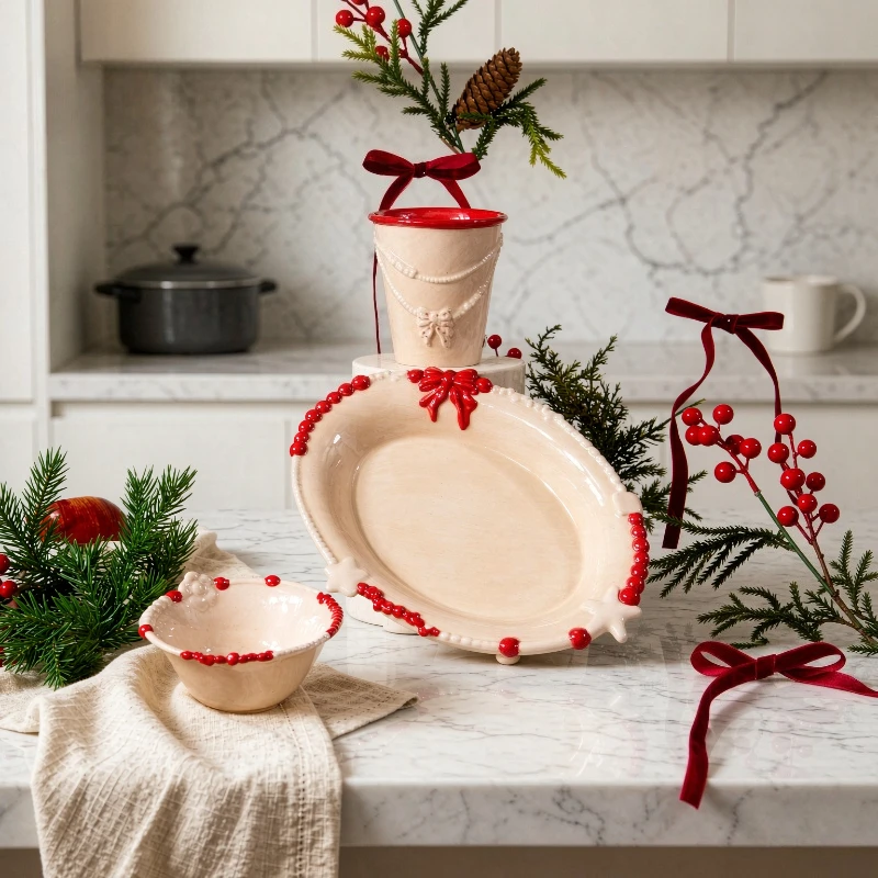Handmade Christmas Beaded Ceramic Plate Korean Style Underglaze Clay Dish Creative Holiday Tableware Gift Home Decor 크리스마스 접시