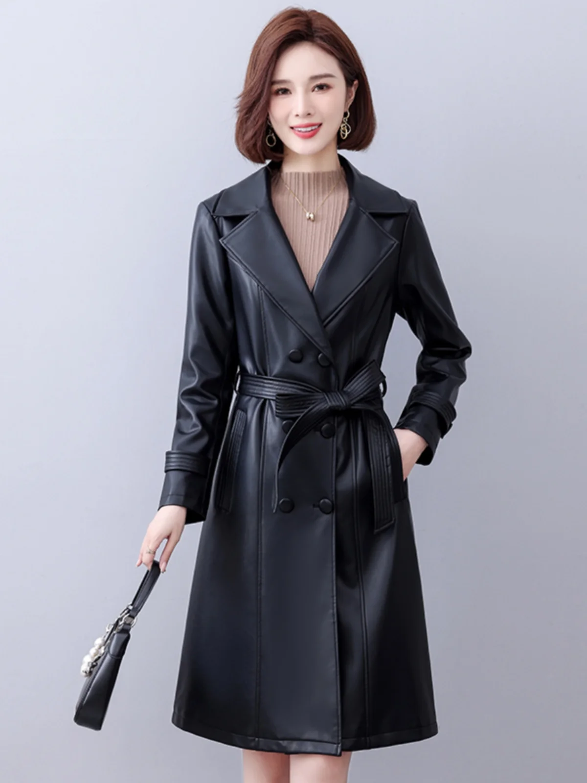 Cappotto in Pelle di Agnello Slim Fit a Lunghezza Media per Donna Primavera 2025, Giacca a Vento in Vera Pelle Heining, Maniche Lunghe, Doppiopetto