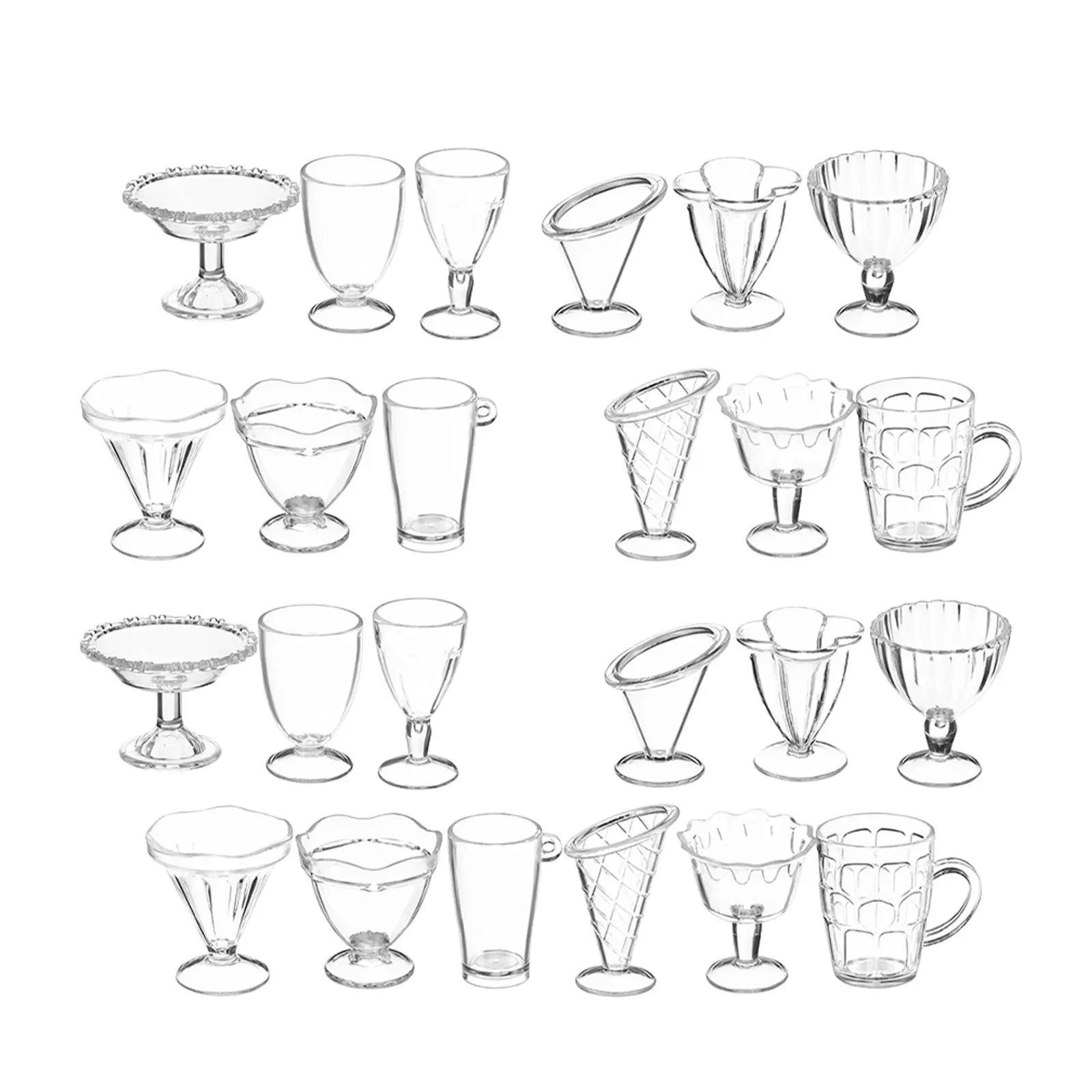 

24Pcs Mini Dollhouse Cups Transparent Tough Plastic Miniature Ice Cream Mugs Multi-Design Accessories for Pretend Play