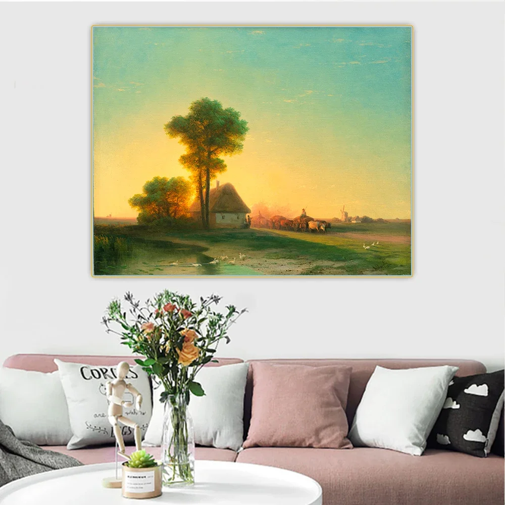 Ivan Aivazovsky《Windmills in the Ukrainian steppe at sunset》Canvas Oil Painting Art Picture Wall Hanging Decor Home Decoration