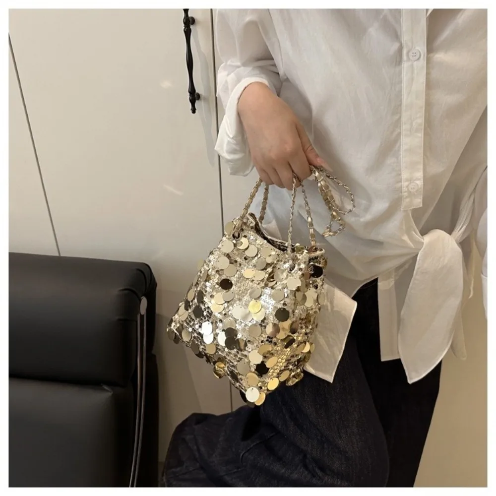 

Elegant Shiny Sequin Shoulder Bag Large Capacity Chain Strap Crossbody Bag Korean Style Bucket Bag Party