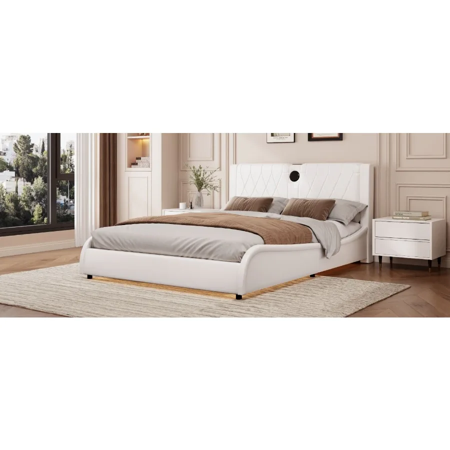 เตียงแพลตฟอร์มหุ้มหนังเทียมหรูหราขนาดควีนไซส์พร้อมลําโพงบลูทูธบอร์ดหนาและไฟ LED RGB ไม่มีกล่อง Spr