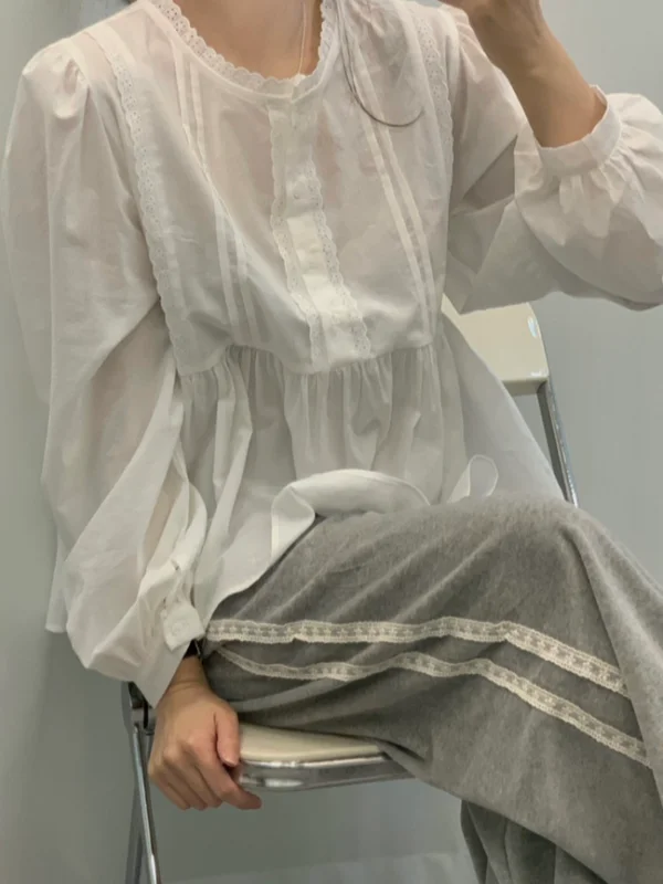 Ele encaje empalme largo Sve Fre blanco irt mujer encaje lateral ribete terciopelo Thiened pantalones largos conjunto elegante traje de invierno