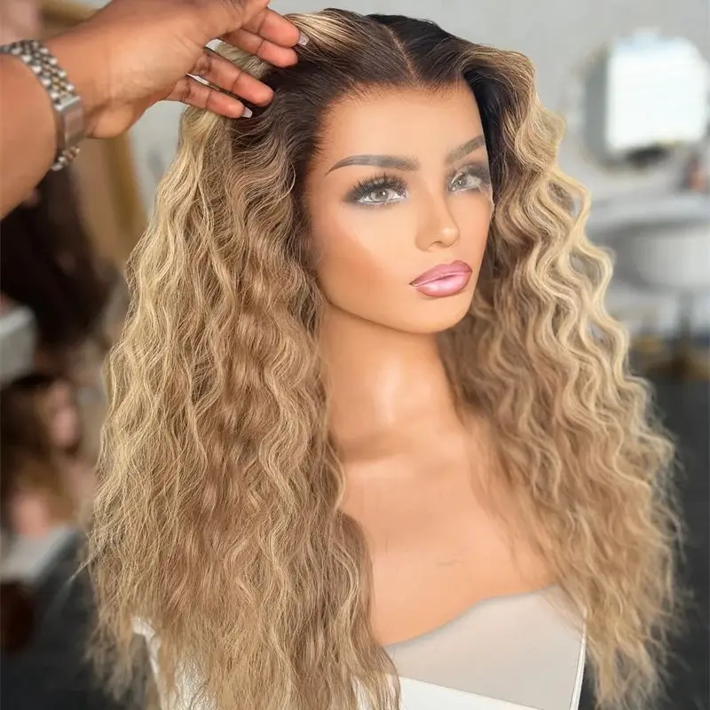 

Long Curly Women's Wig Beautiful Wigs for Women 13x4 Free Part Ombre Blonde Balayage Synthetic Lace Front Wig with Dark Roots