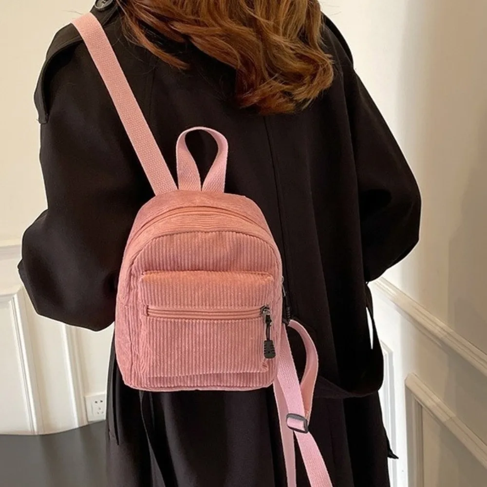 Forest Series Solid Color Corduroy Mini Backpack Zipper Lightweight Double Shoulder Bag Vintage Multi Pocket Daypack Women