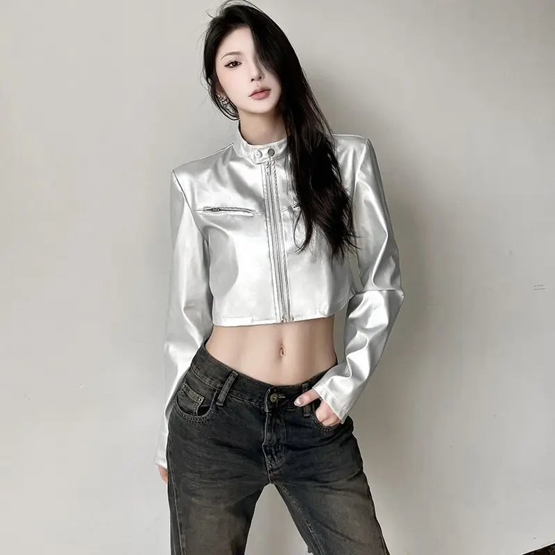 

Spring and Summer Fashion New Women's Silver Gray Leather Jacket Motorcycle Hot Girl Slim Fit Exposed Navel Long Sleeved Jacket