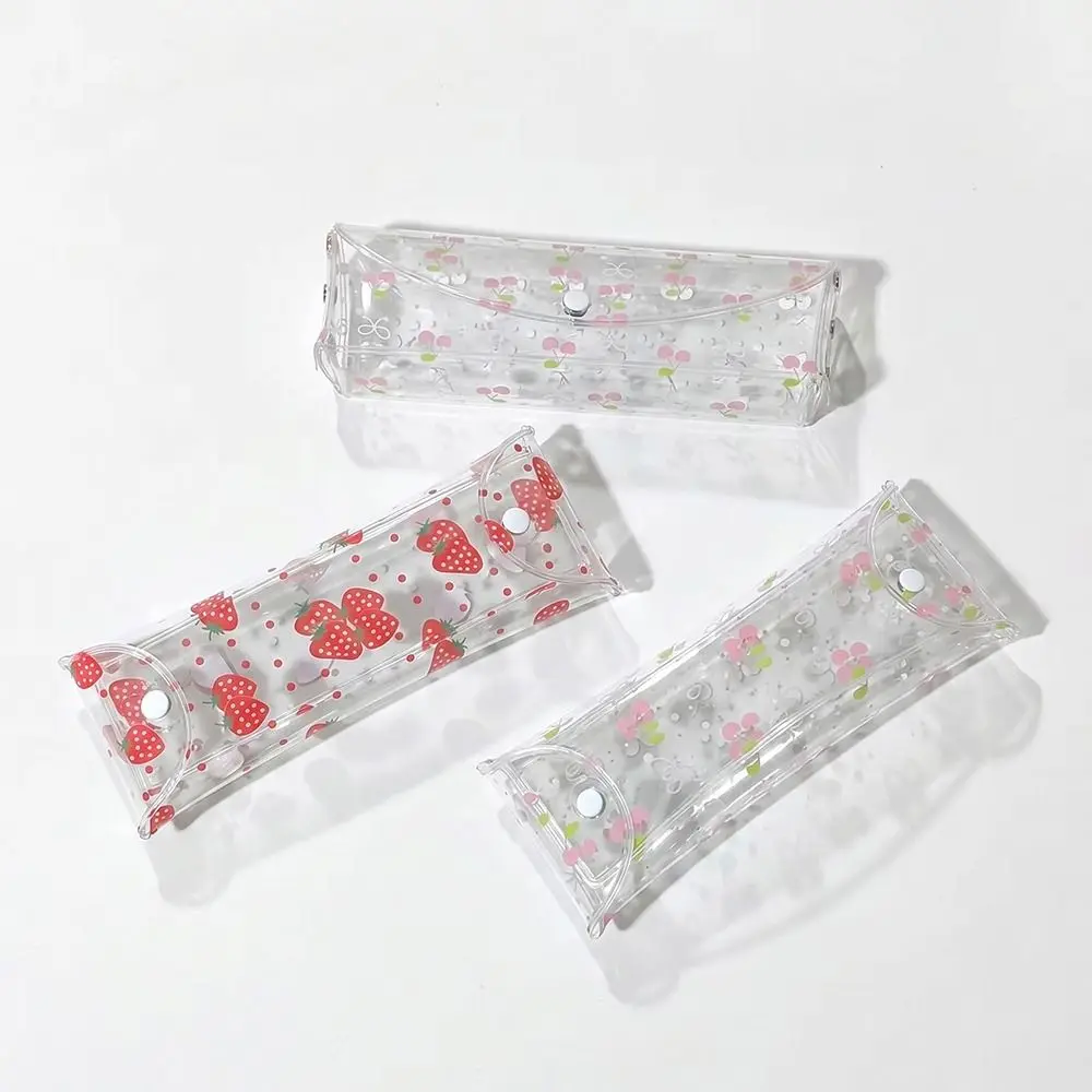 High Quality PVC Pencil Case Strawberry/Cherry Print Snap-button Type Pen Bag Transparent Pencil Pouch School Office