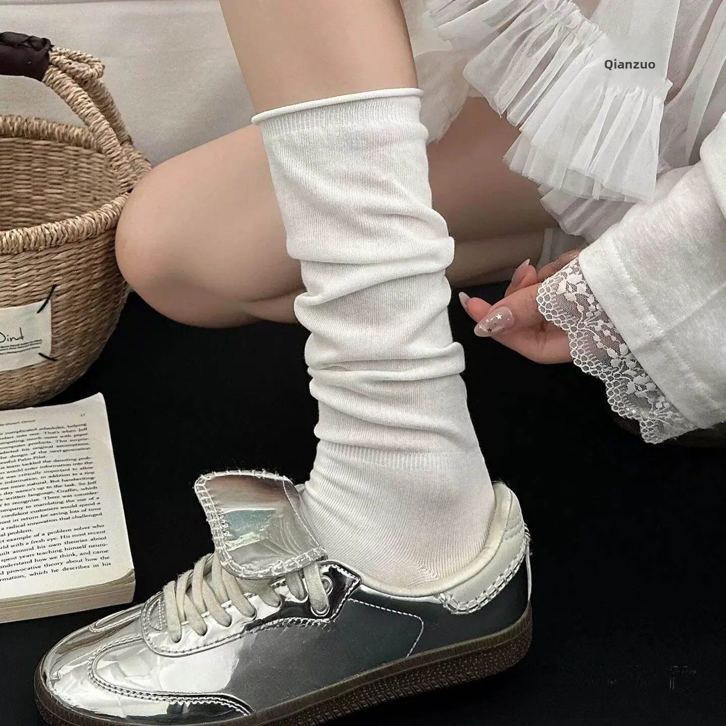 White Bubble Thin Summer Mid-Calf Long Socks Pure Color Cuffed German Training Shoe Socks Leg Shaping Micro Pressure Socks
