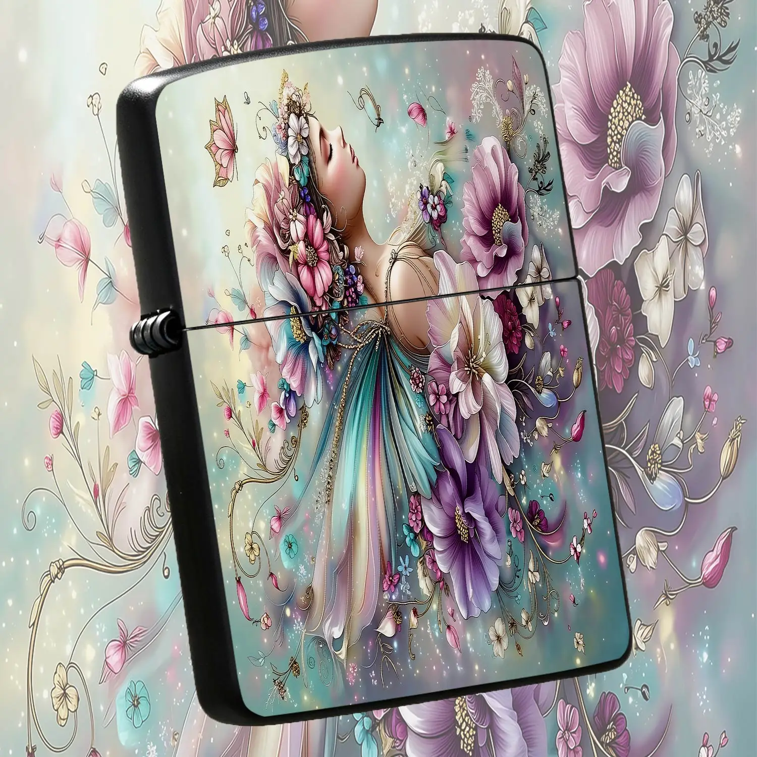 Ethereal Floral Fairy Themed Portable Lighter, Exquisite Colorful Print With Dancing Butterflies And Blooms, Ideal For Daily Use, Outdoor Camping, Gifting Scenarios, Delicate Whimsical Decorative Practical Accessory For A Humorous And Inter