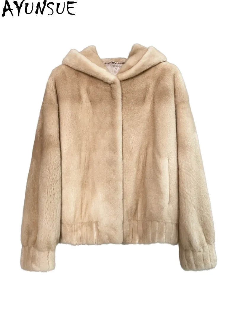 AYUSNUE Whole Velvet Mink Coat Young Female Mink Fully Let-out Velvet Clothes Stylish Short Hooded Women Coats Winter Jacket