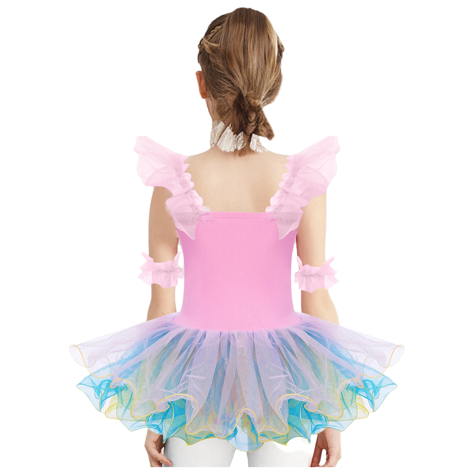 Ballett-Tanzkleid für Mädchen, Rüschenärmel, verstellbare Träger, glänzende Pailletten, Mieder, mehrlagiges Tüll-Tutu-Kleid + Kopfbedeckung + Manschetten-Set