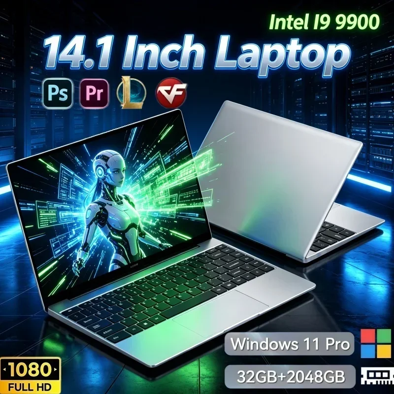 Windows 11 OS 14.1 Inch Notebook PC Intel i9‑9900 32GB RAM 2TB SSD Large Storage Lightweight Laptop For Student Learning Office