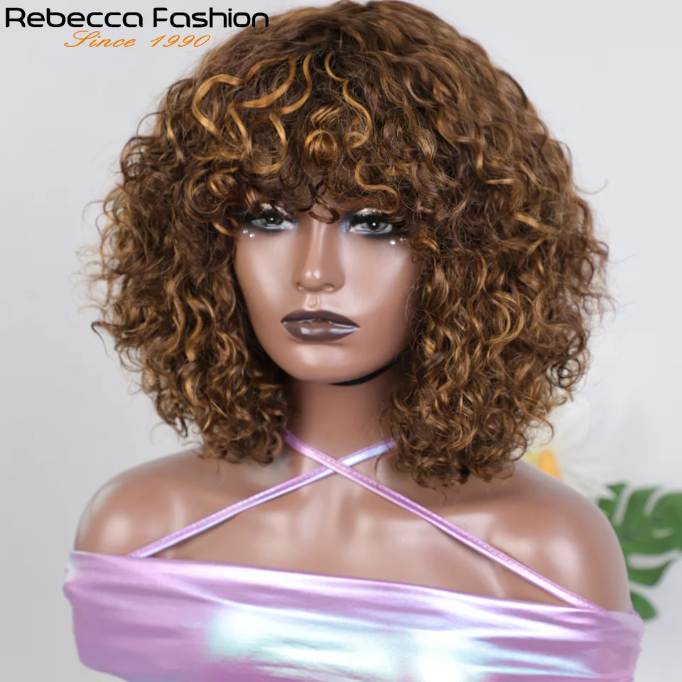 Highlight Color Jerry Curly Short Pixie Bob Cut Human Hair Wigs With Bangs Remy Curly Bob Wigs For Women Cheap Full Machine Wig