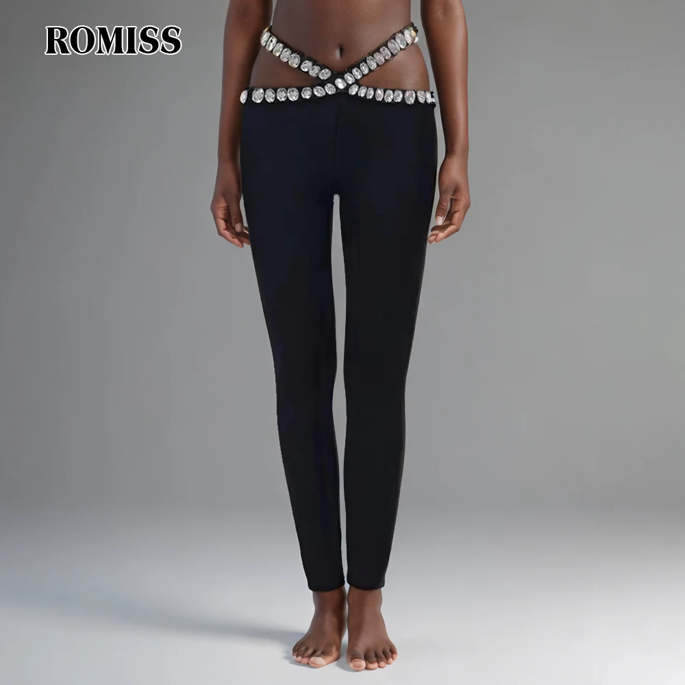 ROMISS Solid Crisscross Slimming Pant For Women High Waist Patchwork Diamonds Temperament Pencil Pants Female Fashion New