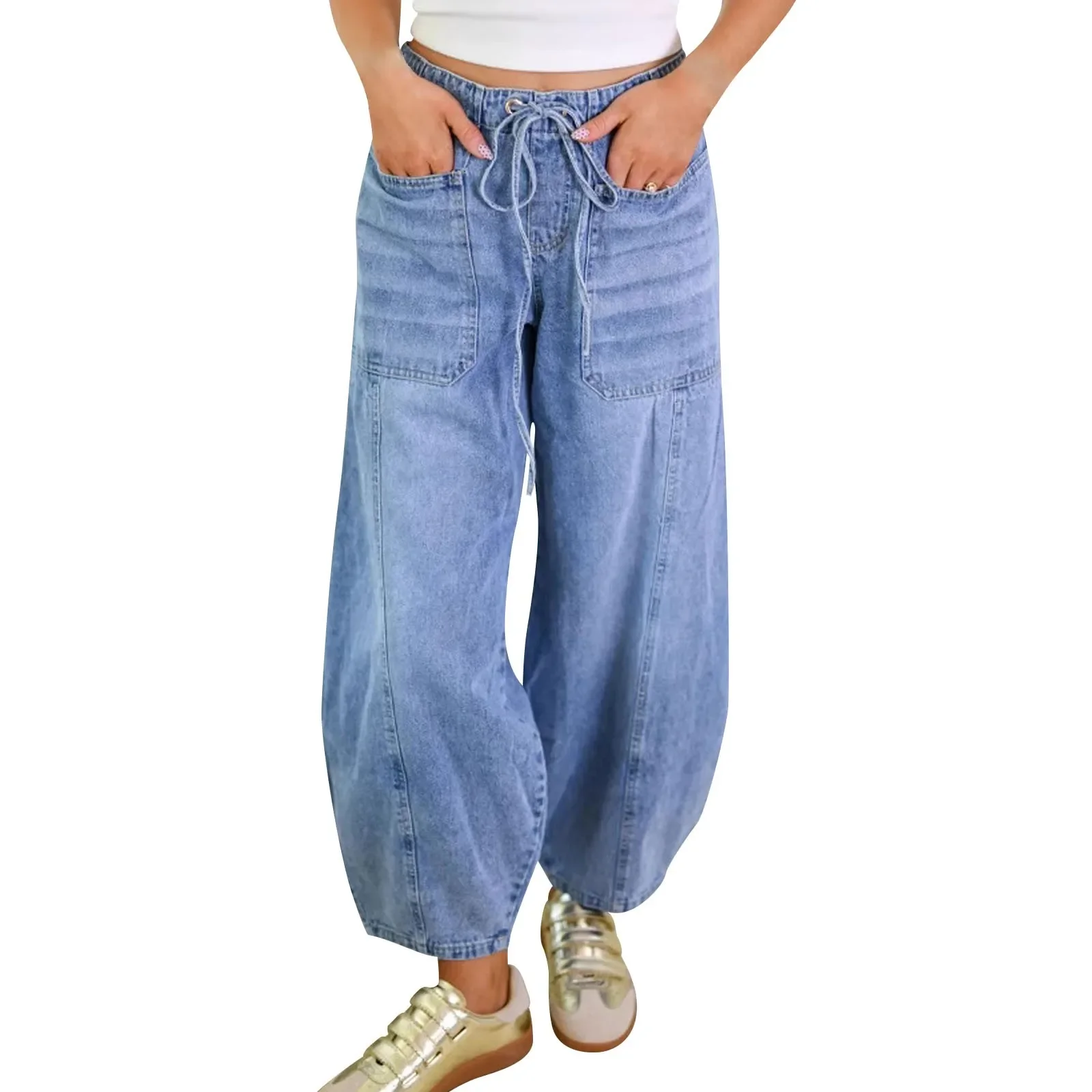 

Low Waist American Retro Style Jeans Casual Loose Fit Double Pockets Cotton Jeans Ankle Length Pants Drawstring Jeans