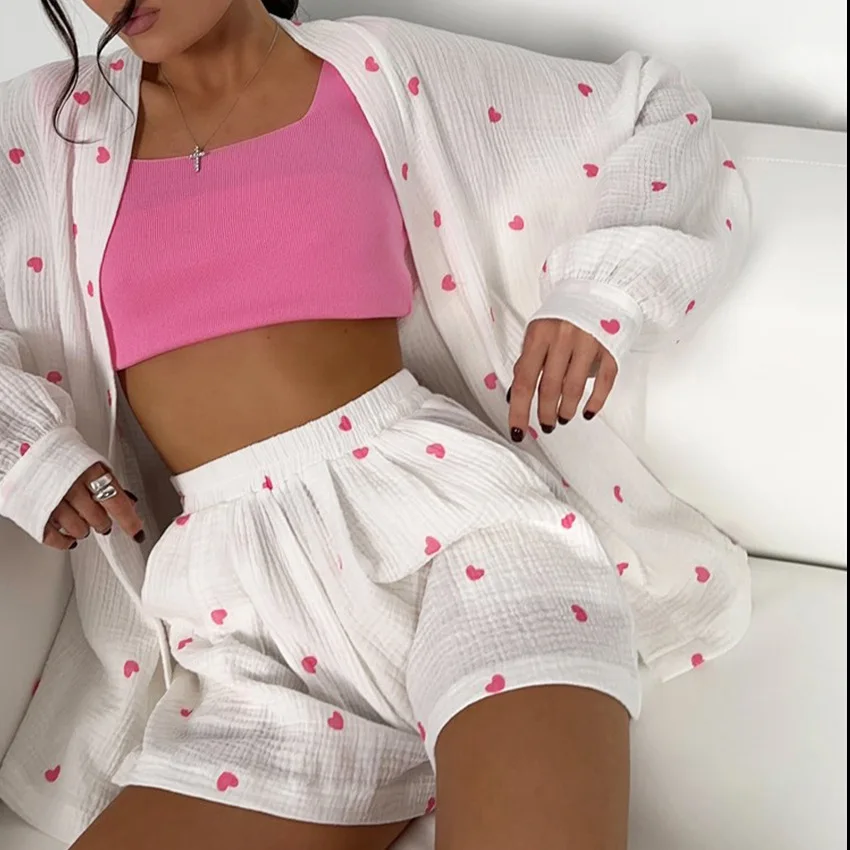 Autumn 100% Cotton Pink Heart Print Cardigan Shorts Loose Comfortable Pajamas Set For Women Sleepwear 2PCS Home Clothes