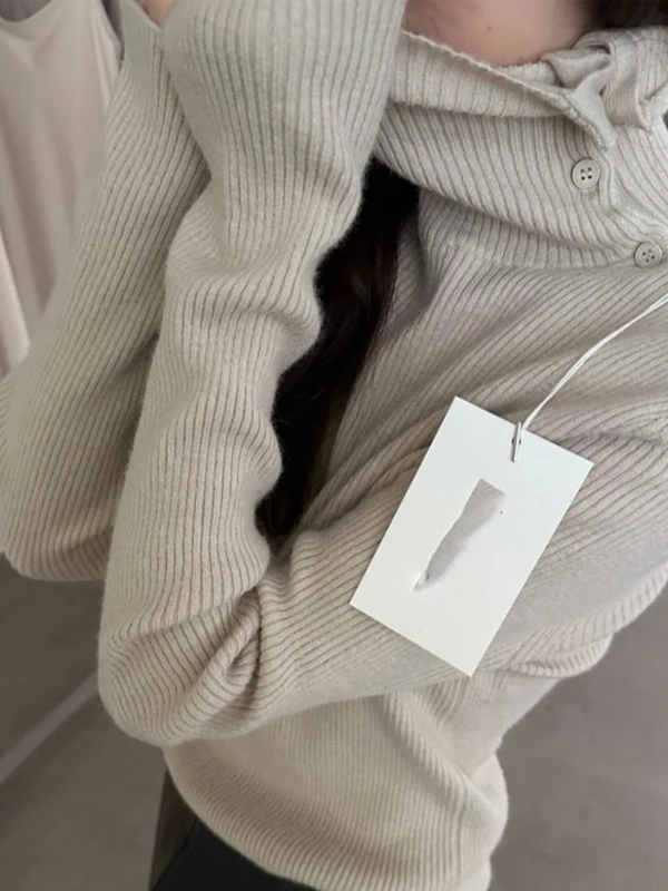 Korean Sle Slim Fit High Ne Side Button Knitwear Women's Base Layer Top Striped Faionable Autumn New Arrival