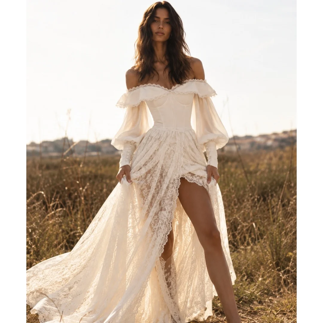 Bohemian Wedding Dresses A Line Lace Slit Bridal Gown Bustier Corset Long Sleeves Elegant robe de mariée Customized