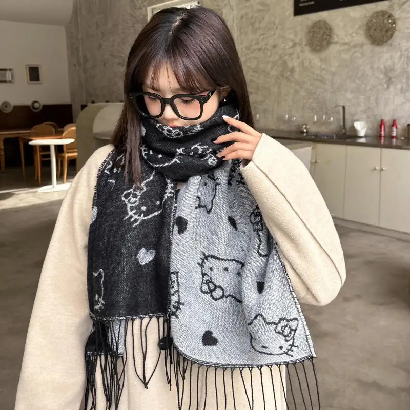 Kawaii Sanrio Anime Hello Kitty New Autumn and Winter Warm Cartoon Cute Girly Heart Knitted Scarf Christmas Birthday Present