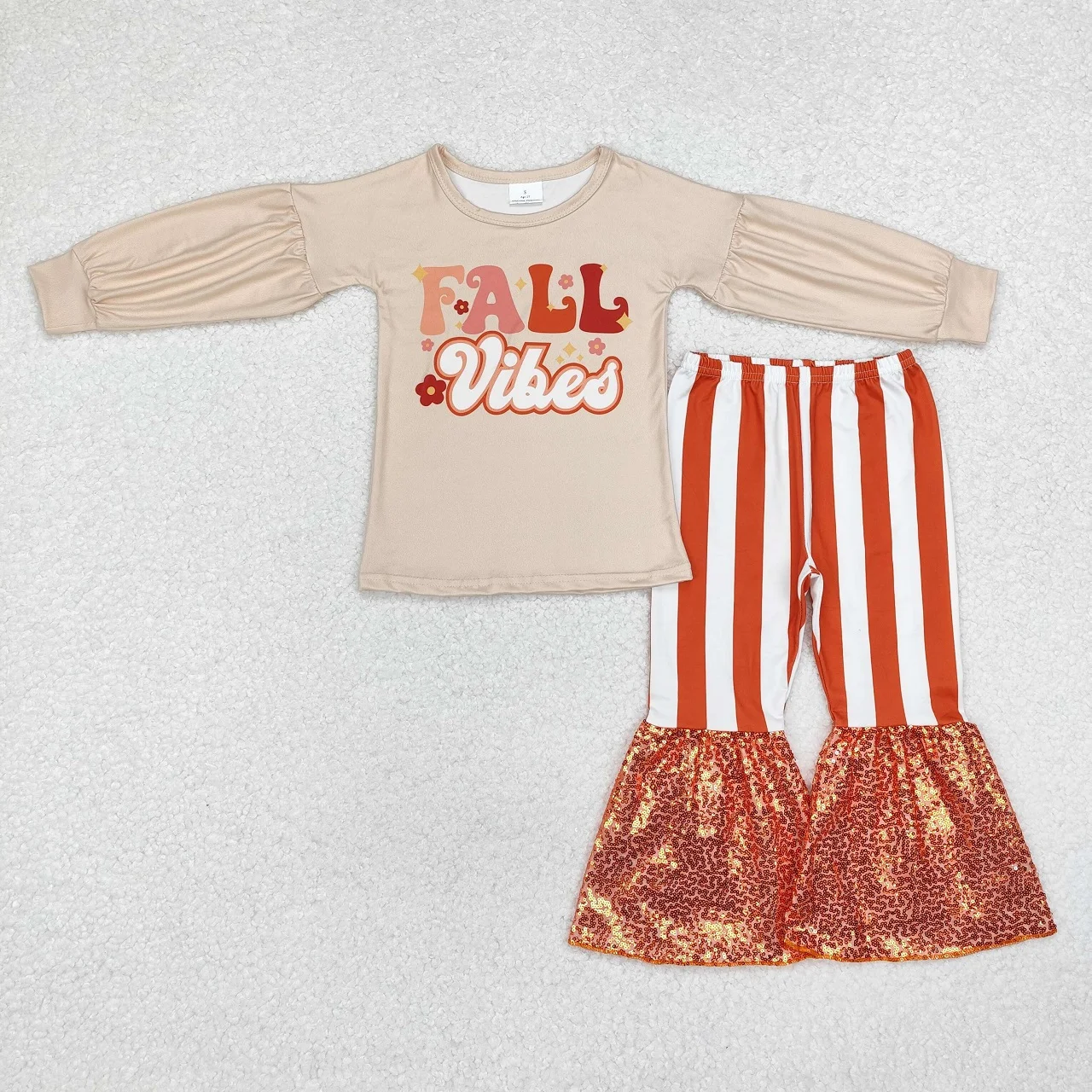 

Wholesale Baby Girl Long Sleeves Fall Shirt Orange Stripes Sequin Bell Pants Children Kids Two Pieces Clothes Toddler Outfit Set