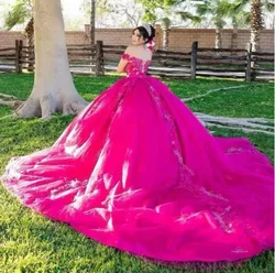 Vestido de quinceañera hinchado fucsia, vestido de baile sin hombros, apliques de tul, dulce mexicano, 16 vestidos, 15 años