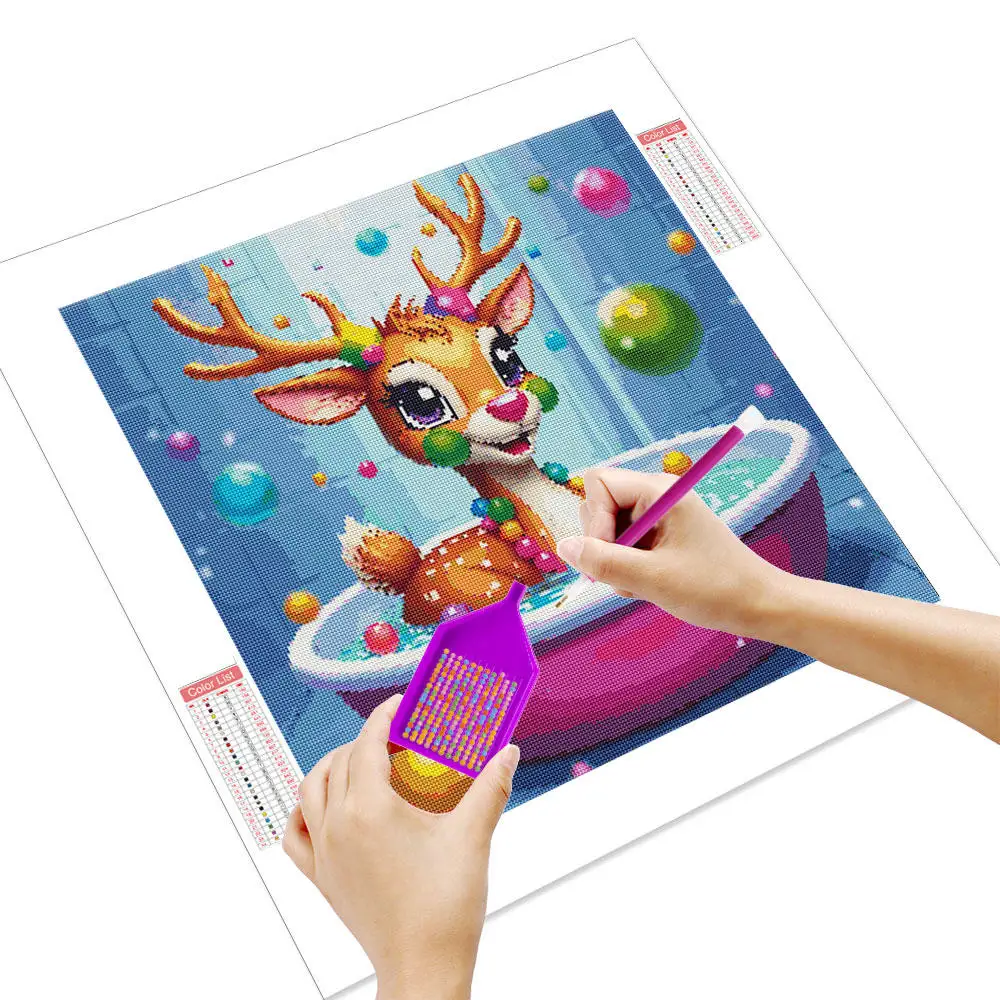 HUACAN Full Square Round Drill Diamond Painting Art Playful Deer Bath Scene Cartoon Style 5D Diamond Art Kits Mosaic  Home Decor