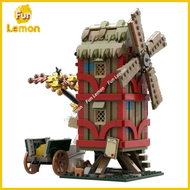 Golden Grain Mill Building Blocks Medieval Farm Scene Old Grain Processing Yard MOC Assembly Toy Set