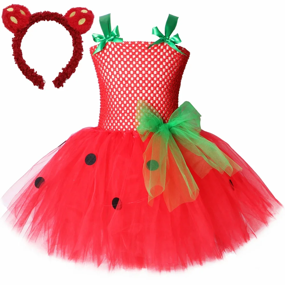 Baby Girls Red Strawberry Tutu Dress Fruits Strawberry Costume for Kids Christmas Carnival New Year Party Tulle Princess Dresses