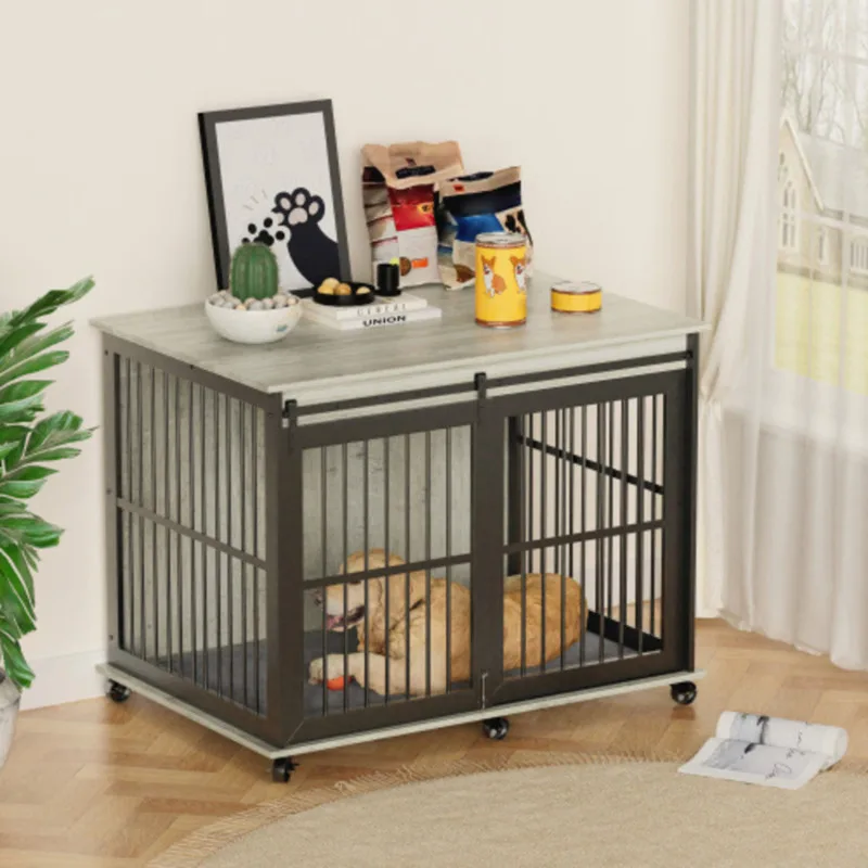 Crate Furniture with Cushion Heavy Duty Dog House with Sliding Barn Door Flip-top Plate Indoor Dog Grey 43.7''W 30''D X 33.7''H