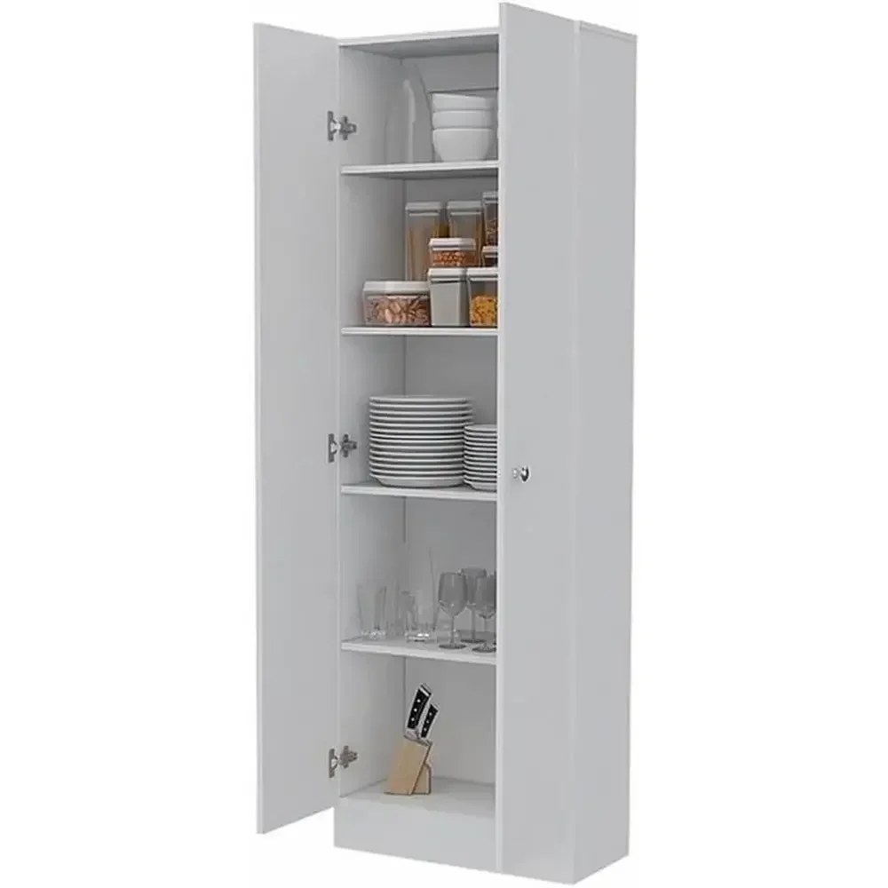 

70" Engineered Wood Storage Pantry Cabinet, White inish, 5 Shelves, 2-Door Design, ern Style Kitchen or Living Room Organization