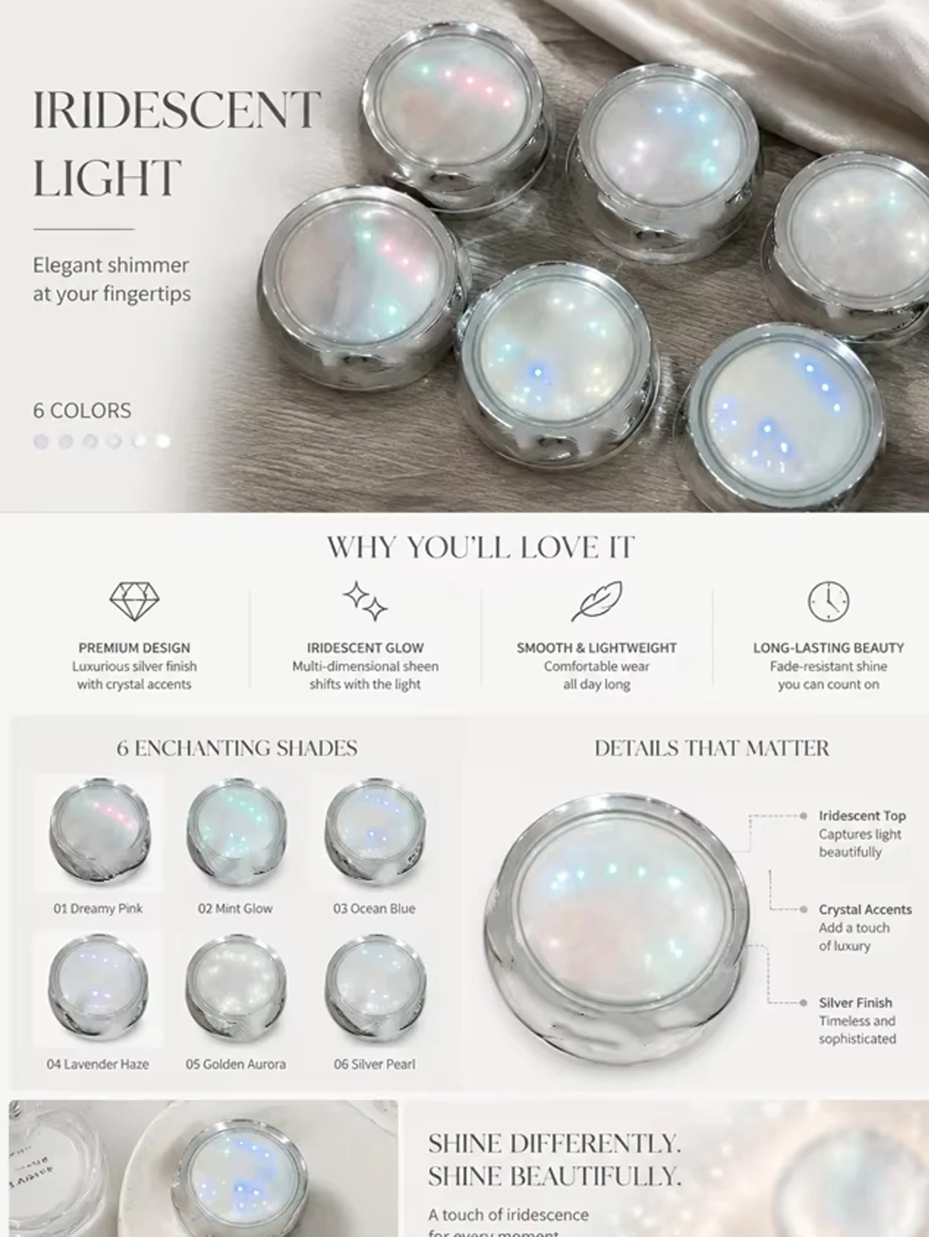 6-Piece Aurora Pearl Chrome Nail Powder Set | Mirror-effect nail polish pigment, suitable for gel nail polish, long-lasting shin