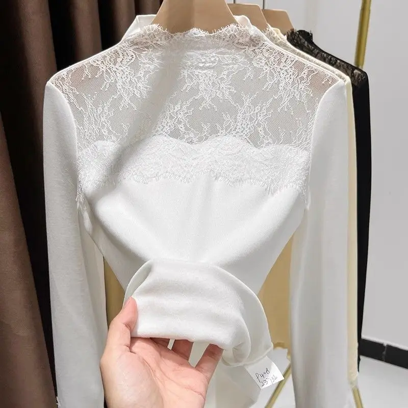 Half-high Neck Hollow Lace Splicing Base Shirt for Women 2025 Spring and Winter Grinding Velvet Slim Warm Top