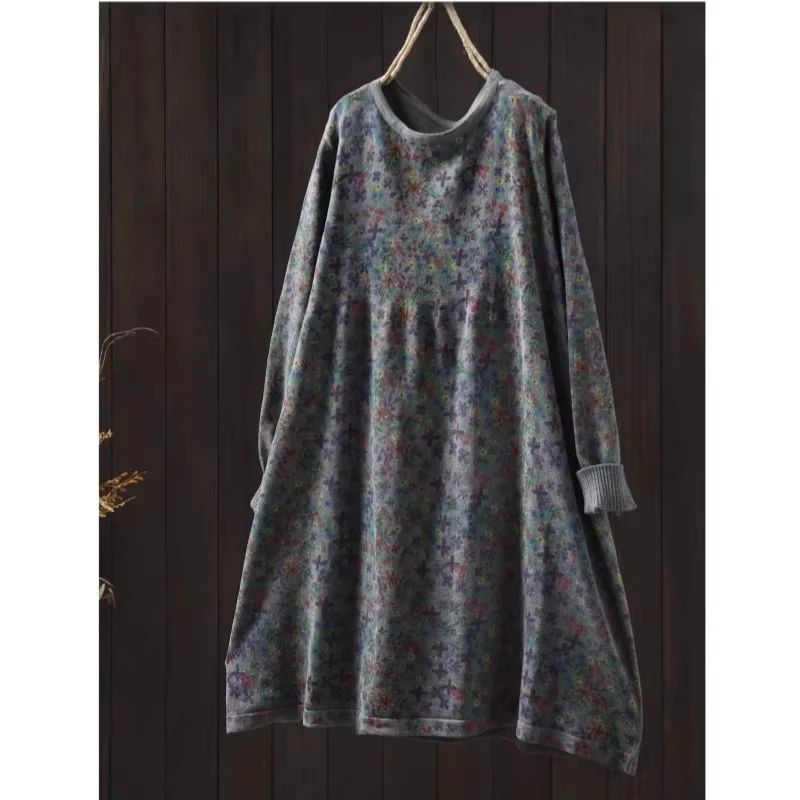 Abito primaverile in maglia di lana con stampa floreale retrò 2026 - Abito a trapezio di media lunghezza da donna (w1908)