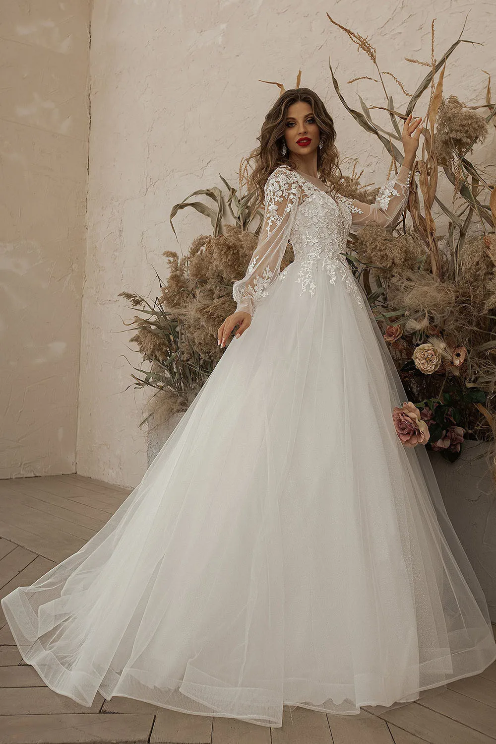 Ivory-vestidos de novia de princesa de manga larga, traje bohemio con apliques de encaje y tul, 2023