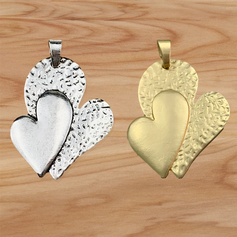 

2 Pieces Matt Gold/Silver Color Large Double Heart Charms Pendants for DIY Necklace Jewellery Making Finding Accessories 78x54mm